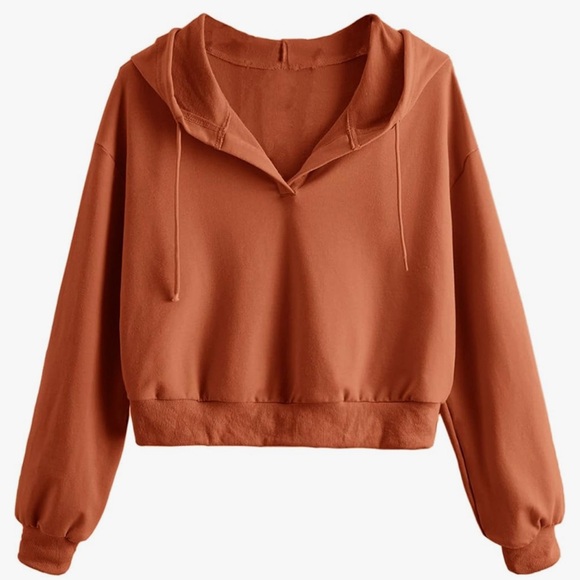 Tops - Rust/ Burnt Orange Crop Hoodie Sweatshirt with Drawstring